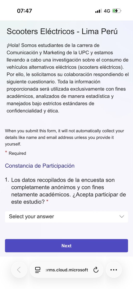 ChristixnPinedo's tweet image. Hola! Me ayudarías mucho respondiendo la encuesta para nuestra Tesis! (4 minutos aproximadamente.)

Solo si has comprado alguna vez o conoces a alguien que haya comprado un SCOOTER ELÉCTRICO alguna vez en su vida. Gracias. #scooter #tesis

forms.cloud.microsoft/r/xCv3c0D4Jz?o…