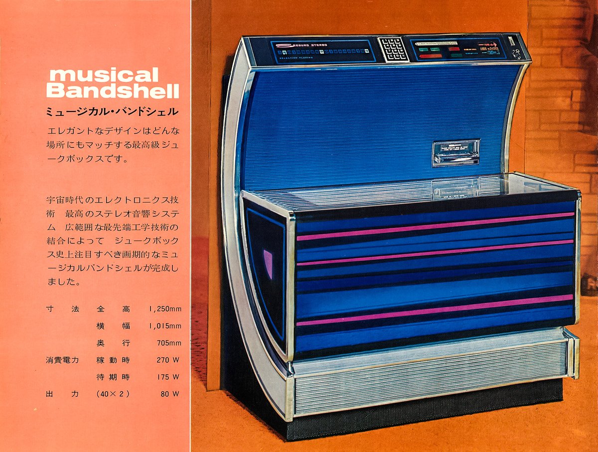onionsoftware's tweet image. 太東貿易(タイトー)が輸入していたジュークボックス、カッコいい…リモートコントロール(有線)がある所も良い、さすが宇宙時代である…
#MusicalBandshell #Seeburg #Taito #1972