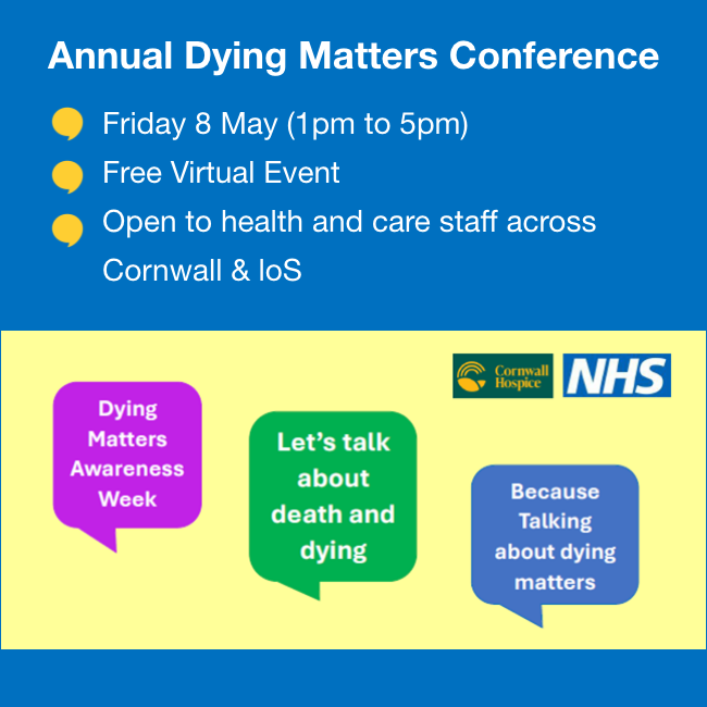 JamesNorris's tweet photo. The Annual Dying Matters Conference by Cornwall Hospice and Royal Cornwall Hospital Trust (@RCHTWeCare) has just been announced. 🙌🙌

The online conference is free for Cornwall and the Isles of Scilly professionals to attend. Booking info 👇👇

#Hospice #HospiceCare #NHSCornwall https://t.co/S51IlKZ7Y4