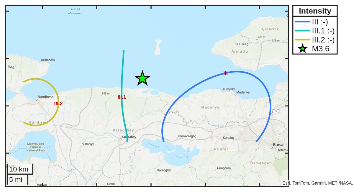 SismoDetector's tweet image. Merkez üssü Türkiye'nın #İstanbul kentine 75 km uzaklıkta olan ve saat 12:42:38'de (UTC) meydana gelen M3.6 #deprem şiddet haritası. Akıllı telefonunuzdaki uyarıları almak için Deprem Ağı uygulamasını sismo.app/tr/download adresinden indirin