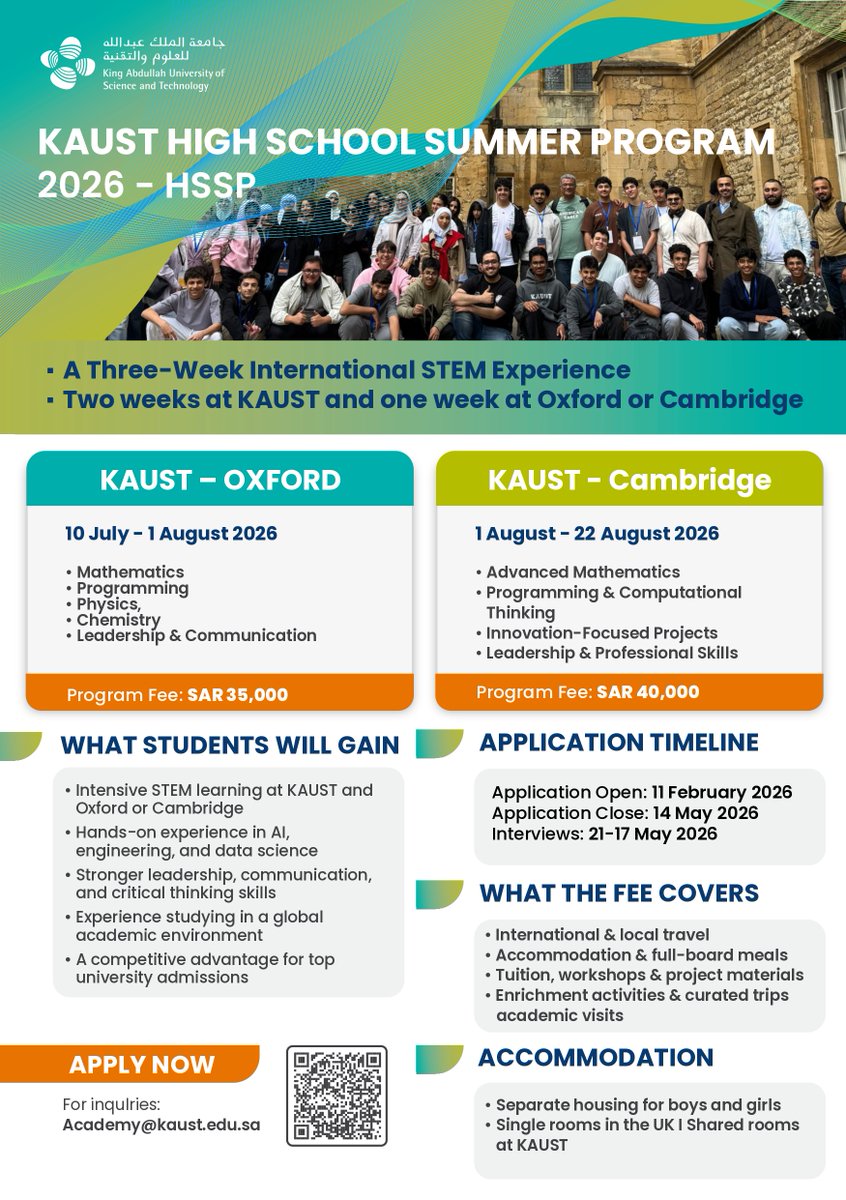 هل أنت من طلاب المرحلة الثانوية؟ لا تفوّت هذه الفرصة الذهبية، وسجّل اهتمامك الآن!

تدعوكم جامعة #KAUST للالتحاق بالبرنامج التدريبي المتميز (HSSP)، والذي سيُقام خلال صيف 2026 لمدة 3 أسابيع، يتلقى خلالها الطلبة علوم STEM المتقدمة، بالتعاون مع جامعتي كامبريدج وأوكسفورد.
يُقام