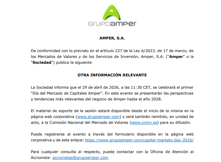 JCPF_Carlos's tweet image. #AMPER #AMP 0,1826€ +7,29% 

📌🟢Confirmado oficialmente 👉29 de abril realizará su primer Capital Markets Day.

👉🟢La Sociedad informa que el 29 de abril de 2026, a las 11:30 CET, se celebrará el primer “Día del Mercado de Capitales Amper”. En este evento se presentarán las