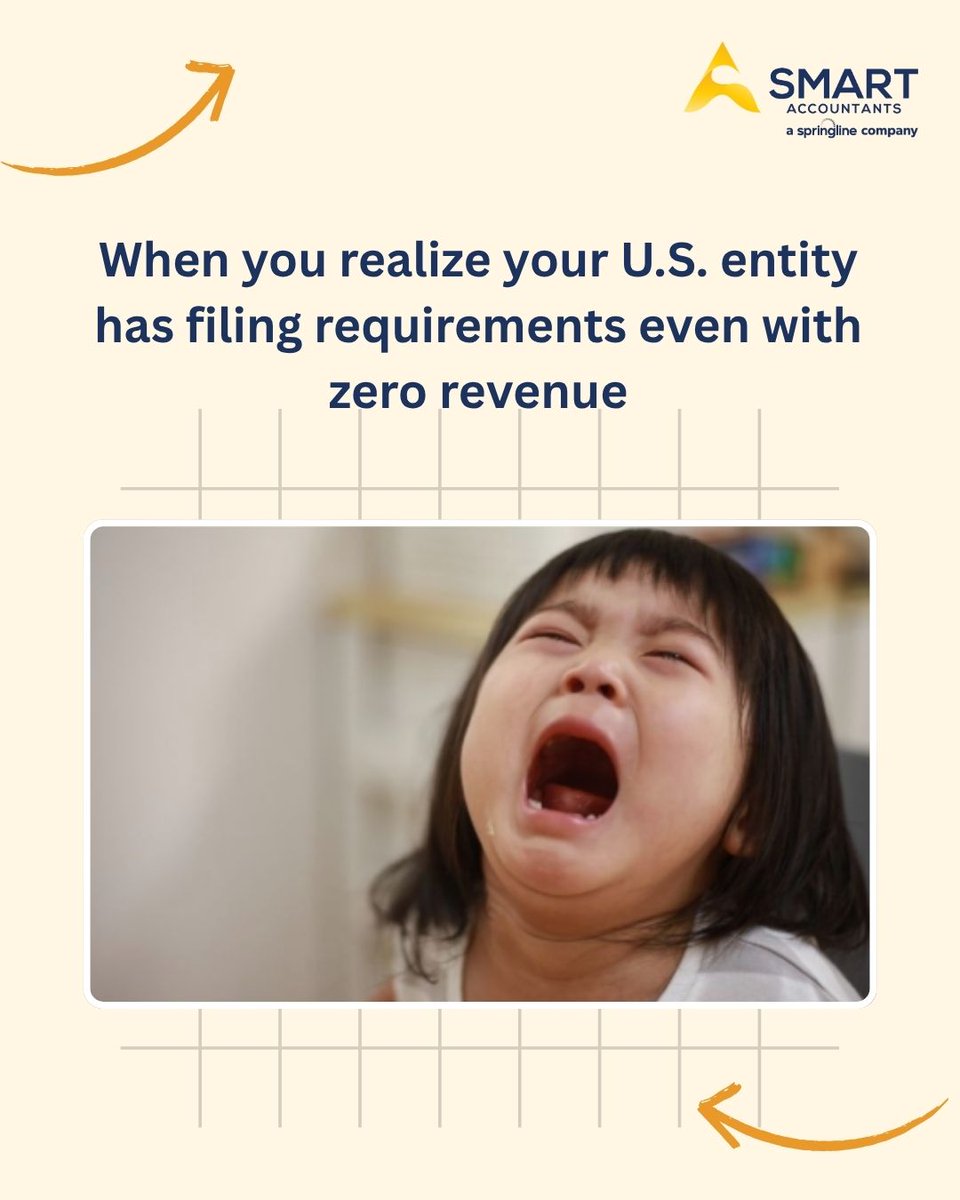 SmartAcLLC's tweet photo. Surprise! Zero revenue doesn't mean zero filing.

Your U.S. entity still has compliance requirements and the IRS is not impressed by your excuses. Let Smart Accountants handle it before the panic sets in!

#TaxFiling #USTax #TaxCompliance #SmartAccountantsASpringlineCompany https://t.co/XGxvUfkqMK