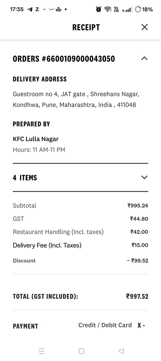 4advitya's tweet photo. @KFC_India @jagograhakjago order No. 6600109000043050 dated 20 Mar 26. Order was cancelled and refund still not issued. Arrogant customer support not following 7-10 days refund policy. Asking customers to visit store or contact for refund. What kind of support is this ? https://t.co/0jYIbuePX1