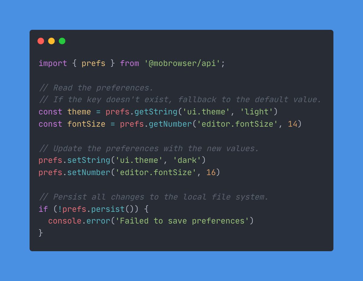 MoBrowserSDK's tweet photo. ℹ️ Your desktop app doesn’t need a database for settings. Keep them on the local file system using the following simple Preferences API: https://t.co/4GtKfEqBdV