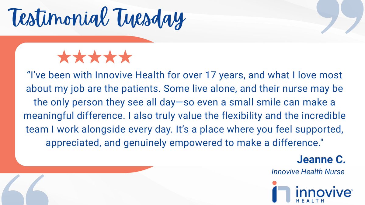 InnoviveHealth's tweet image. This #TestimonialTuesday, we’re excited to profile one of our many excellent #nurses, Jeanne C.

Jeanne takes great pride in her work, noting that for many #patients, “even a small smile can make a meaningful difference.”

Want to join our team? Visit innovivehealth.com/careers.