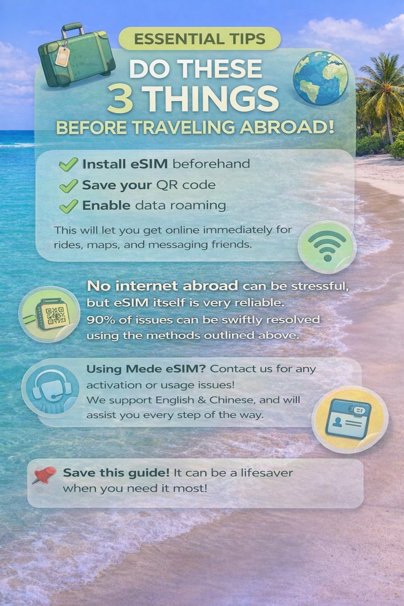 Mede_eSIM's tweet photo. 📵 eSIM not working abroad?

Don’t panic. Try this:
✈️ Airplane mode (30s reset)
📡 Manual network selection
📊 Check data usage
⚙️ Turn on roaming
🔄 Restart
90% fixed in minutes.
👉 Save this thread — it’ll save your trip.
#eSIM #TravelTips #TechTips #DigitalNomad https://t.co/7wyYpgOeGW
