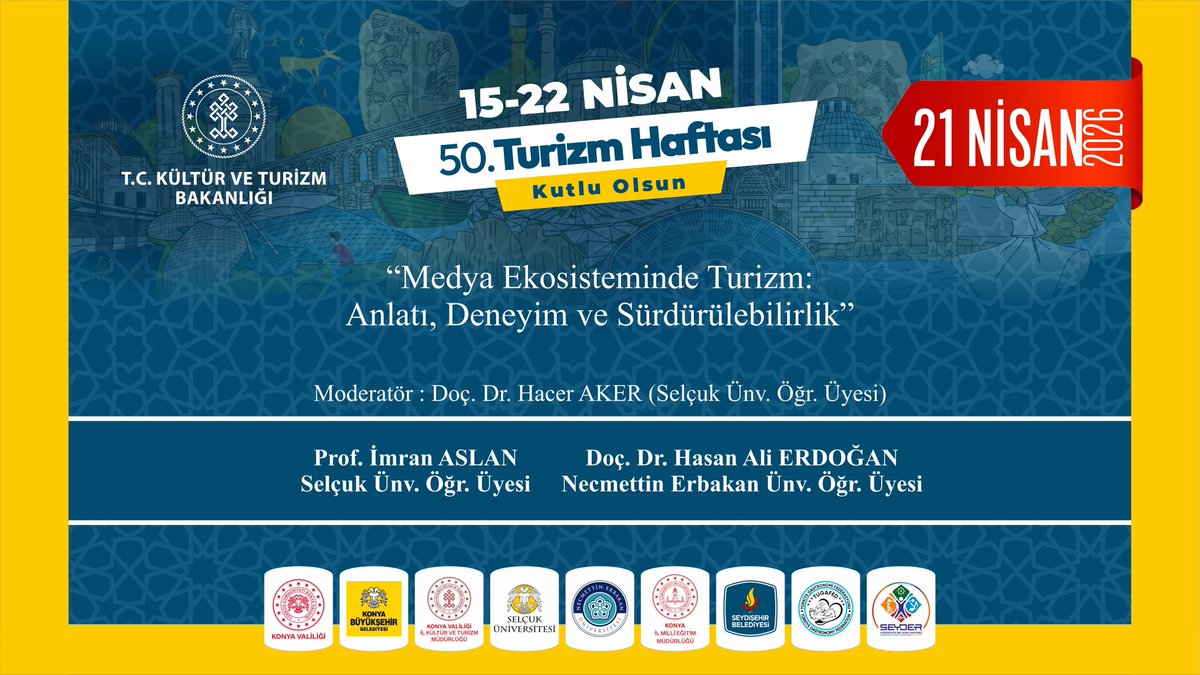 15-22 Nisan 2026 tarihleri arasında kutlanacak olan 50. Turizm Haftası kapsamında, Seydişehir’de birbirinden güzel etkinliklerle bir araya geliyoruz.
16 Nisan 2026 Perşembe günü saat 11:00’de Seydişehir’de buluşuyoruz! 
Turizm şenliklerinden kortej yürüyüşüne, doğa gezilerinden