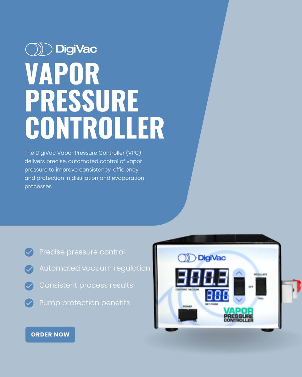 DigiVac_'s tweet image. Hey, quick reminder 👇
The DigiVac Vapor Pressure Controller (VPC) is built for precise vapor pressure control in distillation &amp;amp; rotovap setups.

Better separation. More repeatable runs. Less pump wear. 💨
👉 hubs.li/Q04bVDZG0

#vacuum #distillation #labtech #processcontrol