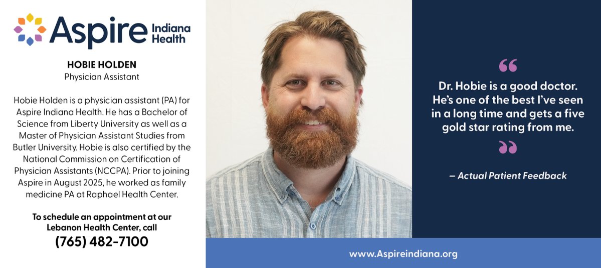 AspireIndiana's tweet image. "Dr. Hobie is a good doctor. He’s one of the best I’ve seen in a long time and gets a five gold star rating from me." 🌟

Make an appointment with Hobie Holden today! Call Aspire's Lebanon Health Center at (765) 482-7100.

#AspireIndianaHealth #CompassionateCare #FamilyMedicine