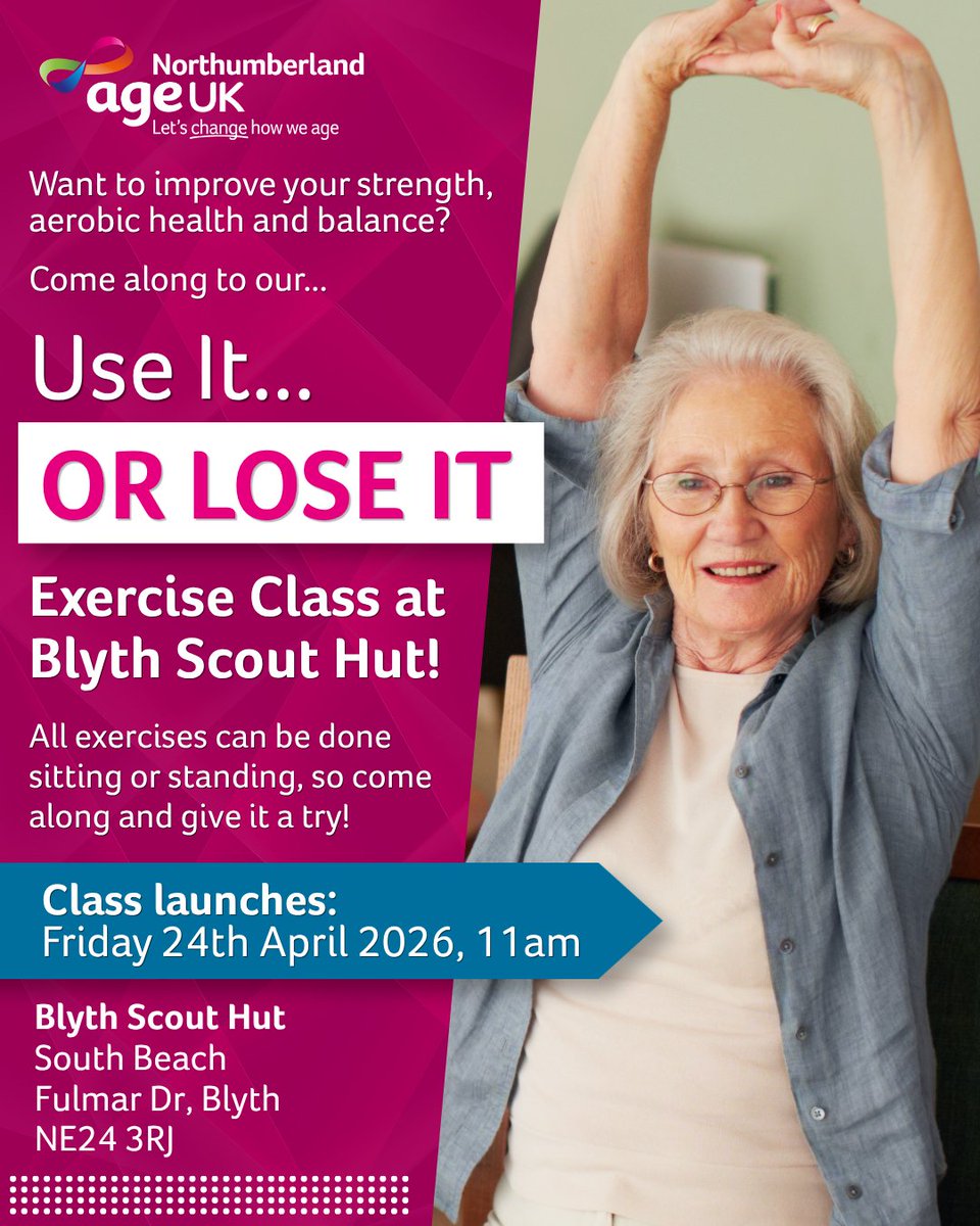 AgeUKNorthumber's tweet image. Get stronger, improve balance and boost your fitness!

Join us at our Use It or Lose It class at #Blyth Scout Hut. Exercises can be done seated or standing - everyone welcome!

🗓 Launch: Friday 24 April, 11am
📍Location: Blyth Scout Hut

#StayActive #FitnessForAll #KeepMoving