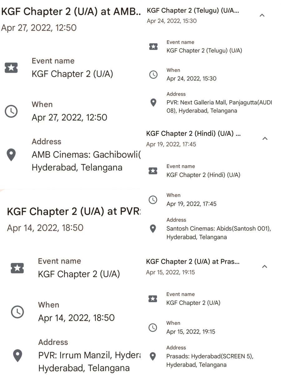 RockyRayaRavana's tweet photo. This is my #KGFChapter2 theatre list, covering only Hyderabad.
AMB, Prasads, Next Galleria Mall punjaGutta, Irrum Manzil & Santosh cinemas abids.
There are still 2-3 theatres missing; I can't remember them properly.
#4YearsForKGF2Mania #RockyBhai
#4YearsOfKgfChapter2 #Yash https://t.co/rwtZSoGsjQ