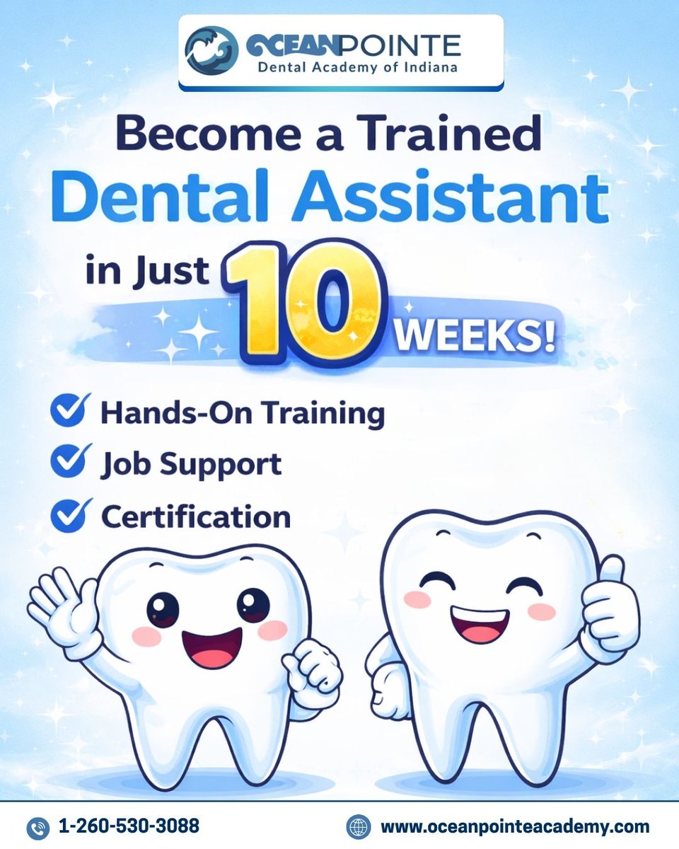 Oceanpointe45's tweet photo. Start your journey toward a brighter future in the dental field!
📞 Call now: 1-260-530-3088
🌐 Visit: https://t.co/IZTizBPeZN

#DentalAssistant #DentalCareer #HealthcareCareers #CareerGrowth #JobReady #SkillDevelopment #DentalTraining #MedicalField #HealthcareTraining https://t.co/E39dPXaev2