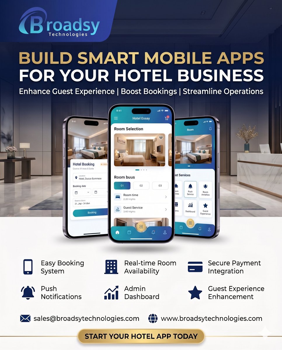 BroadsyTech's tweet image. Build smart hotel apps to streamline bookings, improve guest experience, enable real-time availability, and boost operations with secure solutions.
#HotelApp #MobileApp #AppDevelopment #BusinessGrowth #HotelManagement #BookingSystem #DigitalTransformation #BroadsyTechnologies
