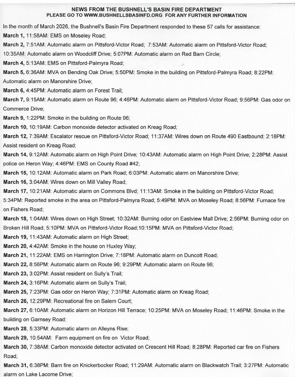 BushnellBasinFD's tweet photo. In the month of March 2027, the BBFD responded to 57 calls for assistance. If you are interested in becoming a volunteer please send us a message or visit us any Monday evening at 7:00 pm to learn more about becoming apart of something great. #townofperinton #townofvictor https://t.co/TpPVYoyrdM