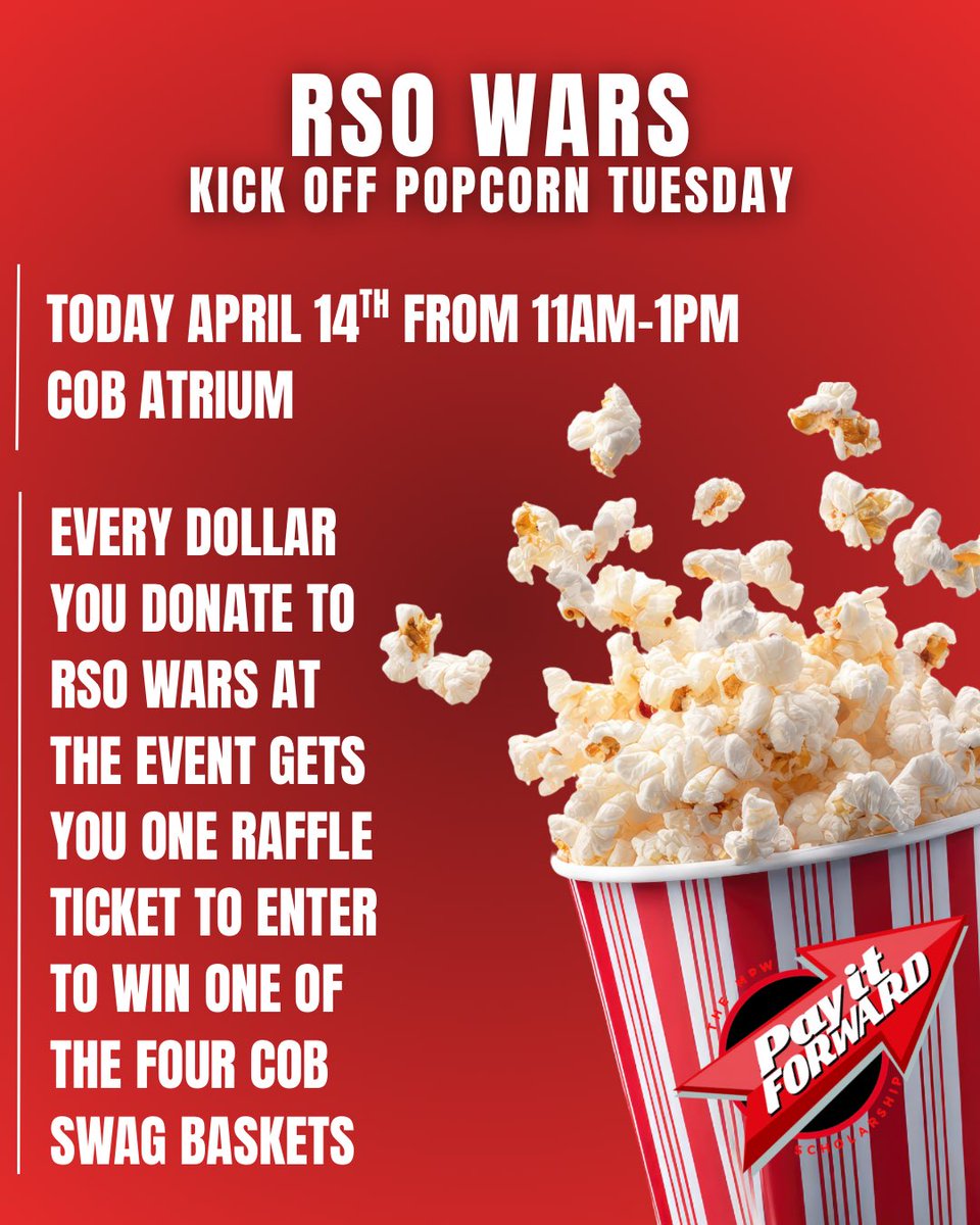 BusinessISU's tweet image. RSO Wars starts NOW! Stop by the COB Atrium to donate to your RSO, get some free popcorn, and have a chance at one of our swag baskets! #RSOWars #PayItForward #PopcornTuesday