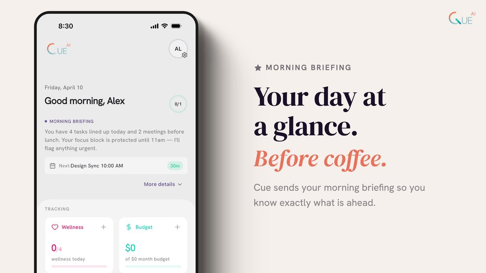 cueaiapp's tweet photo. 5 apps before 9am? Or one morning briefing from Cue that shows your meetings, tasks, and deadlines. Your call. https://t.co/pTkz8pgJBr