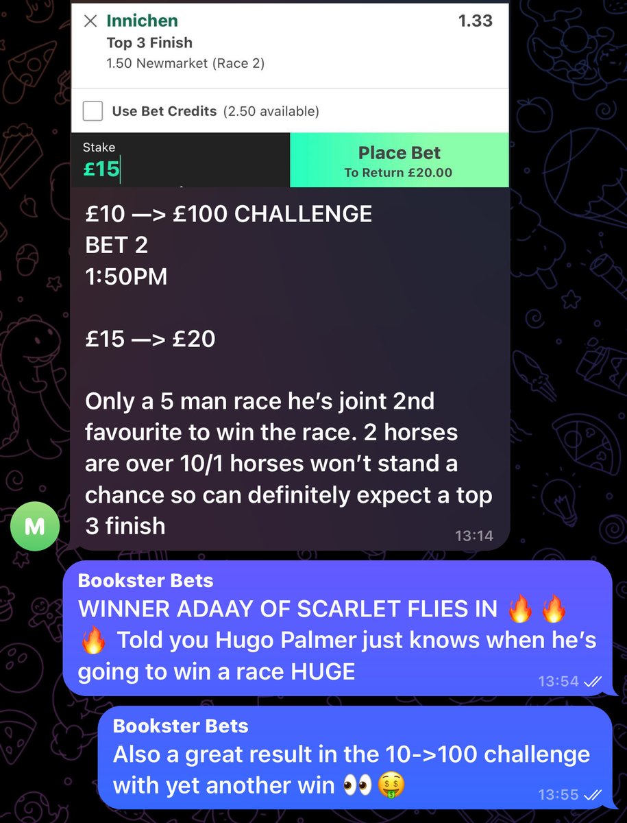 BooksterBetss's tweet photo. Bet 2 of the 10->100 challenge comes in 👀👀

Up to £20! 💰

Why are you not involved yet? We’ve already doubled our money? 

#challenge #innichen #newmarket #horseracing 
Gamble aware https://t.co/EWX073nOQn
