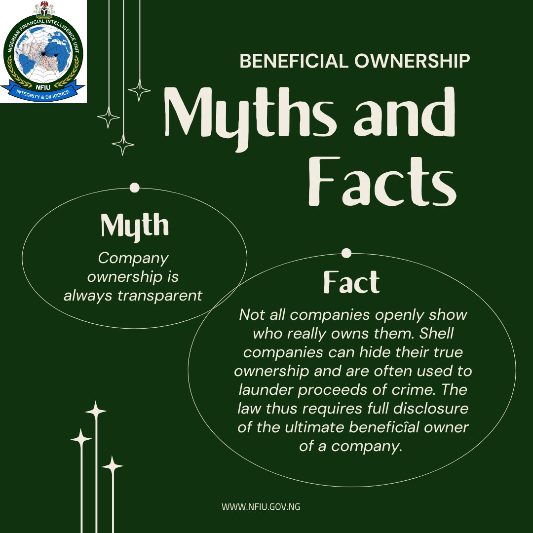 FIUNigeria's tweet photo. Not everything is as transparent as it seems.

Understanding beneficial ownership is key to uncovering who truly controls companies and preventing their misuse for illicit activities. Transparency helps protect the integrity of our financial system.

For more information on how companies can be abused for money laundering purposes, see Nigeria’s 2022 National Risk Assessment of Legal Persons and Legal Arrangements via

👉 https://t.co/CkflukUKJz

#NFIU #BeneficialOwnership #AML #FinancialIntegrity #KnowYourCustomer #AntiMoneyLaundering