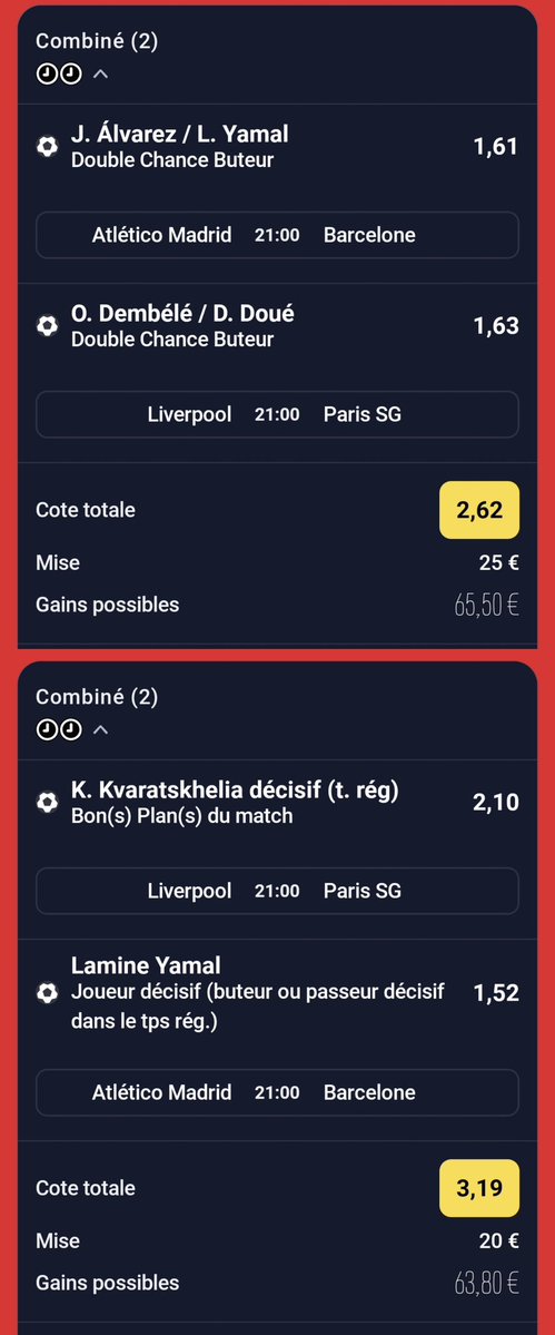 BetClem_'s tweet image. BETS #FOOTBALL LDC 🇪🇺 14/04 🗓️ 

COMBINÉ DU JOUR ☘️ 
@1.75
37.50€ ➡️ 65.81€
Meilleures cotes ici 👇 
bit.ly/BETCLEM_BETIFY
Code promo : BETCLEM
🎁 50% de ton 1er dépôt en freebet jusqu'à 200€

COMBINÉ TIRS CADRÉS 🎯
@2.97
25€ ➡️ 74.37€


COMBINÉ DC