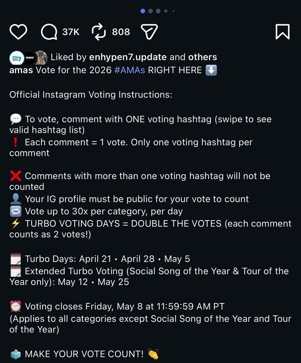 jaywonyou's tweet image. ENGENEs AMAs is also opening “INSTAGRAM COMMENT VOTING” ‼️‼️

please spread and ask all ENGENEs ESPECIALLY TIKTOK ENGENEs to comment on their post FOR ENHYPEN.

rules:
1. your account must be public; private accounts will not be counted
2. you can comment up to 30 times on their