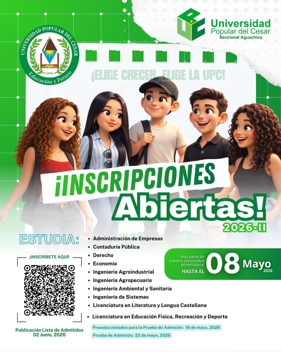 ¡El momento de transformar tu futuro es AHORA! La Universidad Popular del Cesar, seeccional Aguachica, ya tiene abiertas las inscripciones para el periodo 2026-II.