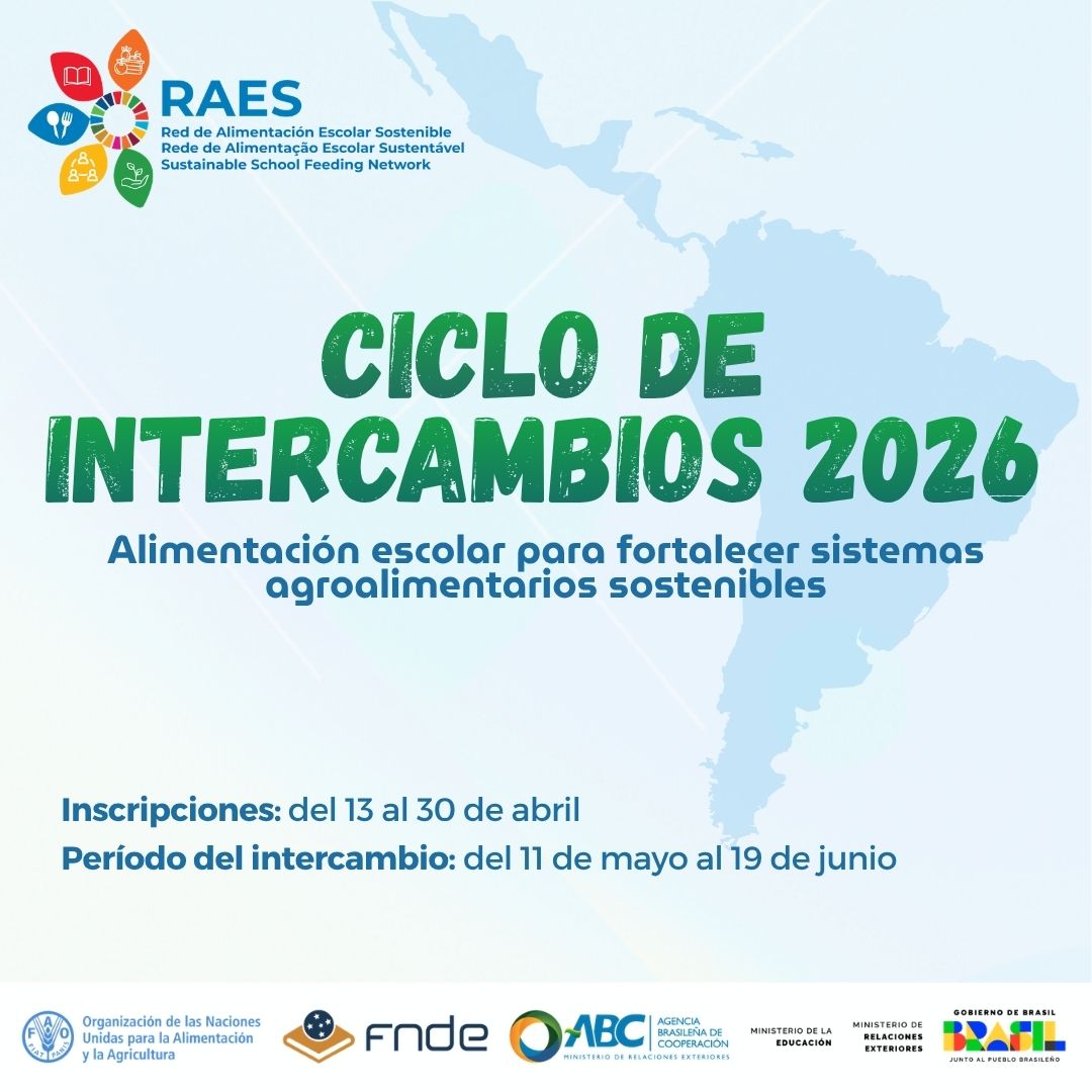 FAOAmericas's tweet photo. 📢La #RAES lanza el Ciclo de Intercambios 2026 para fortalecer capacidades de profesionales en programas de #alimentaciónescolar
📚 Aprendizaje, intercambio y cooperación
🟢Gratuito |  💻En español

 ✍️ Inscripciones hasta el 30/04
 🔗https://t.co/jrIQGsXIeb
#CooperaciónSurSur https://t.co/rSnAkPfhks