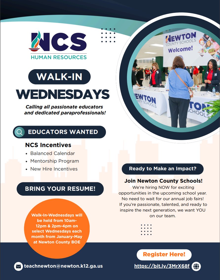 NewtonCoSchools's tweet photo. We’re hiring—and we’d love to meet you tomorrow!

Join Newton County Schools for Walk-In Wednesday on Wednesday, April 15. If you’re ready to make an impact and be part of a team that supports students every day, this is your opportunity.

Walk-In Wednesday
Wednesday, April 15
10:00 AM – 12:00 PM and 2:00 PM – 4:00 PM
Newton County Board of Education

Stop by, meet our team, and explore career opportunities for the upcoming school year. Your next opportunity is just a walk-in away.

Register here: https://t.co/S2XI5IZ3La