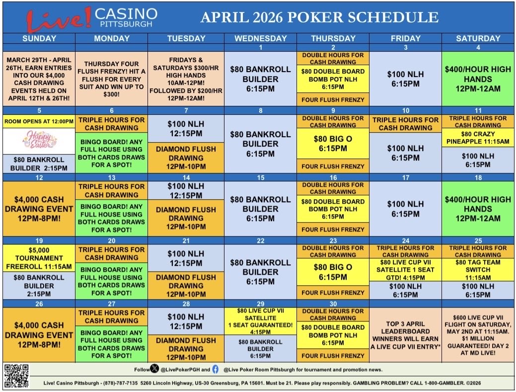 LivePokerPGH's tweet photo. Don’t miss out on our variety of promos this month from 
Monday Bingo
Tuesday Flush Drawings
$400 High Hands and our Cash drawings! 

As well as our variety Double Board, Big O, and Tag Team tournaments! 

Good luck to all! 

Gambling Problem? Call 1-800-GAMBLER. https://t.co/jsIwrVUGWh