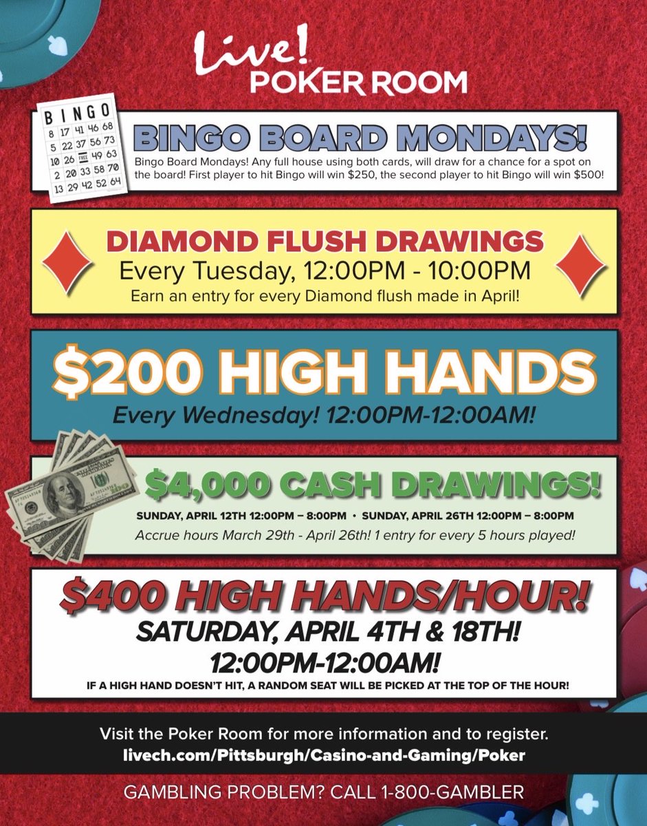 LivePokerPGH's tweet photo. Don’t miss out on our variety of promos this month from 
Monday Bingo
Tuesday Flush Drawings
$400 High Hands and our Cash drawings! 

As well as our variety Double Board, Big O, and Tag Team tournaments! 

Good luck to all! 

Gambling Problem? Call 1-800-GAMBLER. https://t.co/jsIwrVUGWh