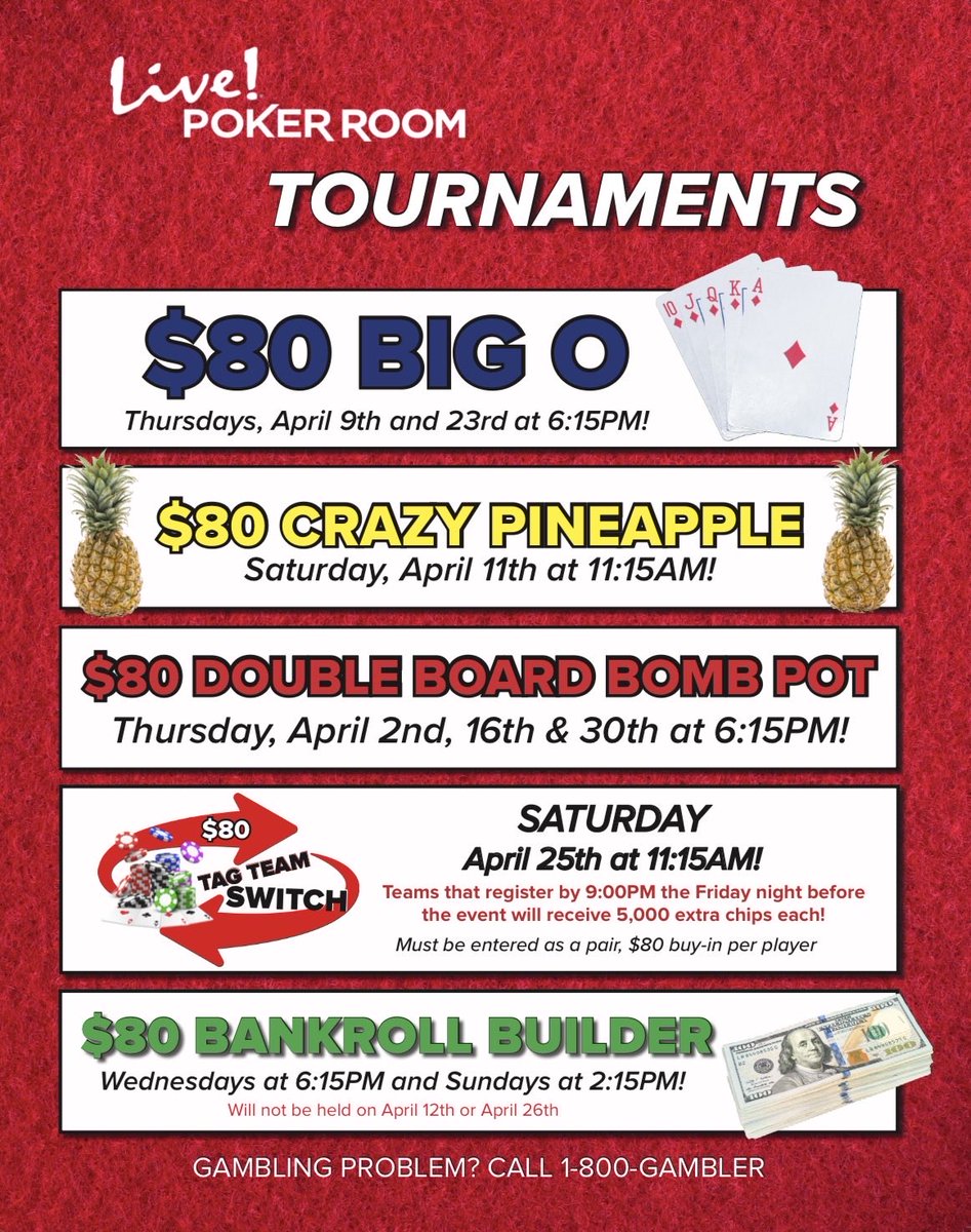 LivePokerPGH's tweet photo. Don’t miss out on our variety of promos this month from 
Monday Bingo
Tuesday Flush Drawings
$400 High Hands and our Cash drawings! 

As well as our variety Double Board, Big O, and Tag Team tournaments! 

Good luck to all! 

Gambling Problem? Call 1-800-GAMBLER. https://t.co/jsIwrVUGWh