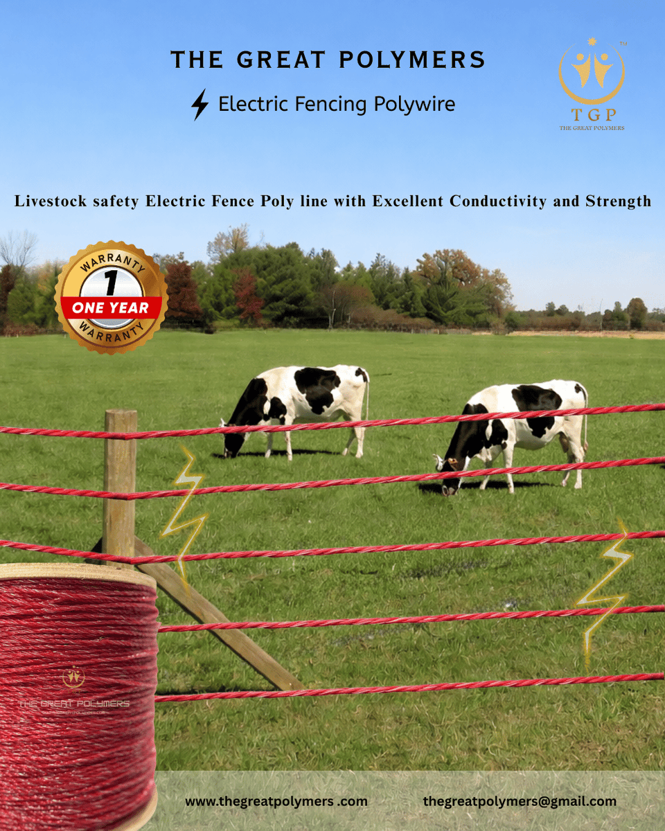thegreatpolymer's tweet photo. Farm Boundary control Electric Poly line – High Strength, Flexible & Weatherproof Fence Line for Livestock Protection with 1 year Warranty Support–THE GREAT POLYMERS/INDIA

Whatsapp Number +91 8160345999
https://t.co/yg56MicRiW

#ElectricFence #PolyWire #LivestockControl #FarmSafety #AgriSolutions #FarmingLife #DurableQuality #HighConductivity #IndianManufacturing #TheGreatPolymers #AgricultureInnovation #FarmEquipment #RuralDevelopment #ExportQuality