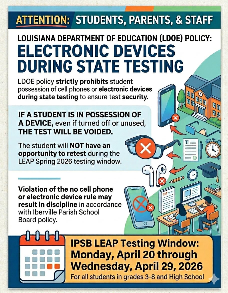 Please take a moment to review the guidance from the Louisiana Department of Education and the Iberville Parish School Board regarding electronic devices during state testing. 
#ExcellenceEverywhere