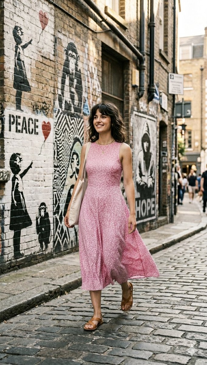 Minahil42298354's tweet image. Image on Gemini Nano Banana 

Prompt:
{
  "scene": "Candid street portrait of a woman in a pink floral dress walking past graffiti-covered brick walls.",
  "environment": {
    "location": "Cobblestone alleyway",
    "background_elements": ["Stenciled street art", "distant