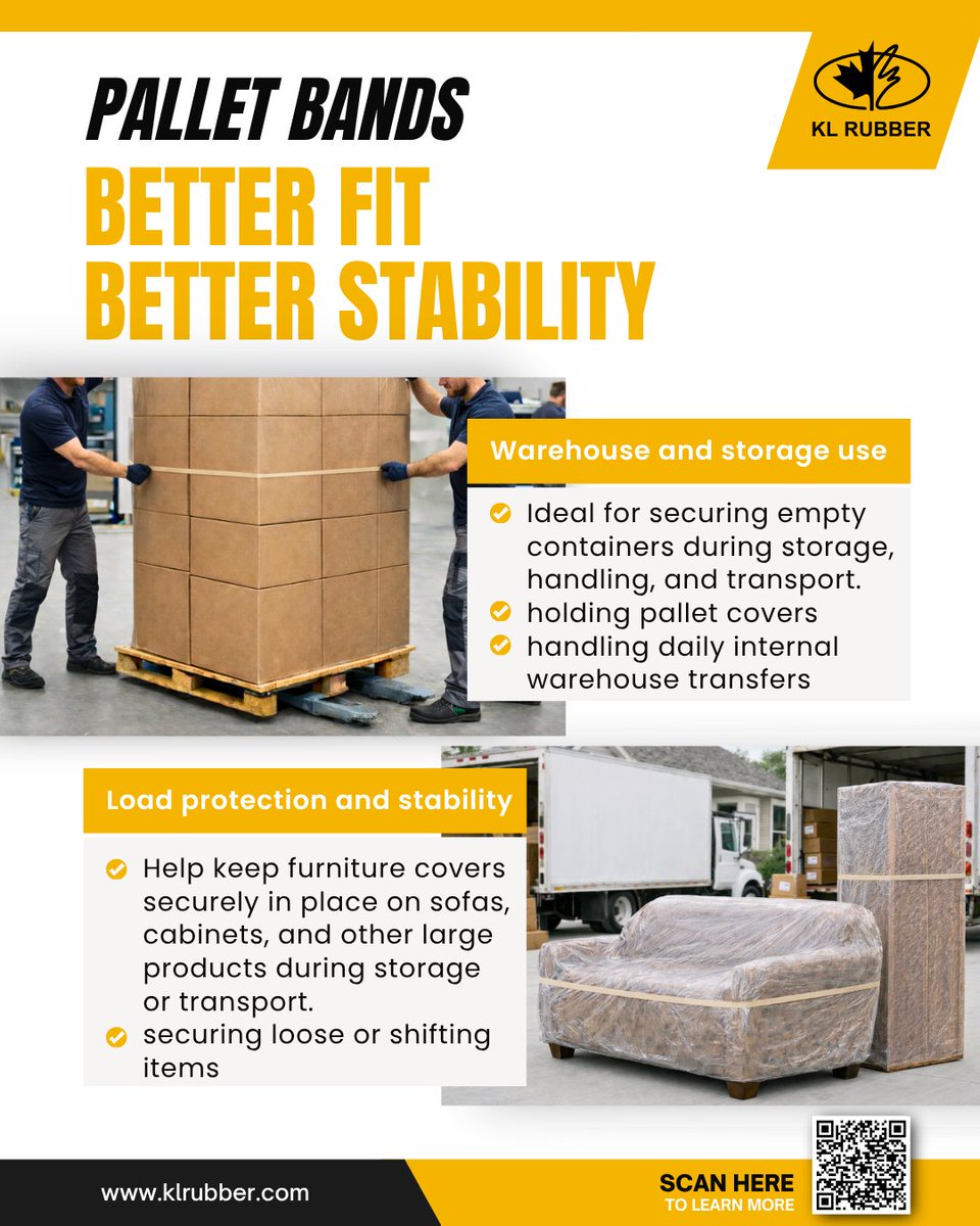 KlRubber's tweet image. Pallet bands stretch to fit a range of applications, but the right size helps control hold and tension more effectively.

Available sizes: 68", 80", 100"

Contact us to find the right fit for your operation.
klrubber.com/products/rubbe…

#WarehouseOperations #PalletBands