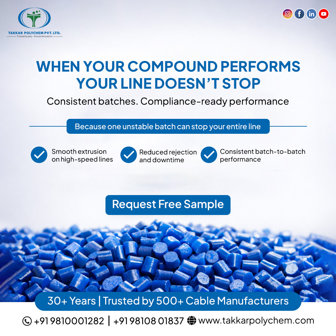 takkarpolychem's tweet image. When your compound performs, your line doesn’t stop.

Smooth extrusion. Less downtime. Consistent quality.

👉 Request a free sample
#CableCompounds #Manufacturing #WireAndCable #PolymerEngineering #TakkarPolychem
