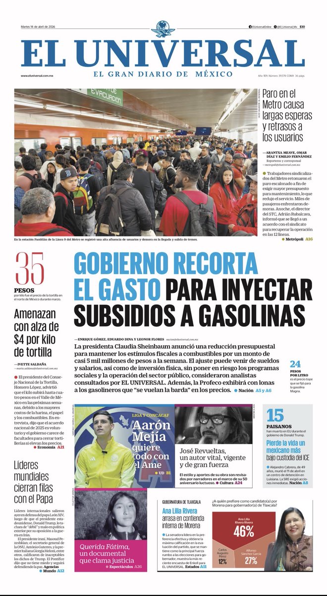 IMER_Noticias's tweet photo. 🗞️ #PrimerasPlanas || ¡Feliz martes! Conoce los temas y las imágenes que destacan los diarios editados este martes 14 de abril en la CDMX.

Escucha |Entrelíneas|, 🔴 #TuPuntoDeReferencia

▶️ https://t.co/8CUQEeg4t5 https://t.co/4YRnPrZK1E