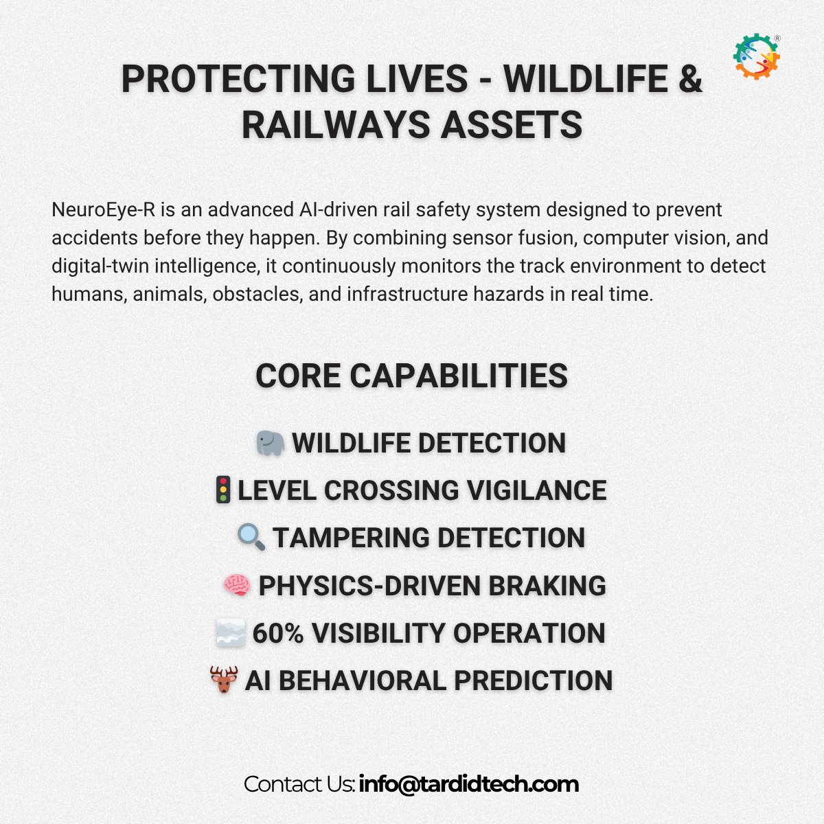 Tardidtech's tweet photo. THE PROBLEM:  
India: 23M daily rail passengers. Challenges: - Wildlife collisions 
🐘 - Level crossing accidents 
🚦 - Track tampering 
🔧 - Low visibility (fog/rain) 
🌫️ - Human fatigue  

Traditional systems: Can't prevent what they can't see
#railways #indianrailways #india https://t.co/nN0boZ6XIF