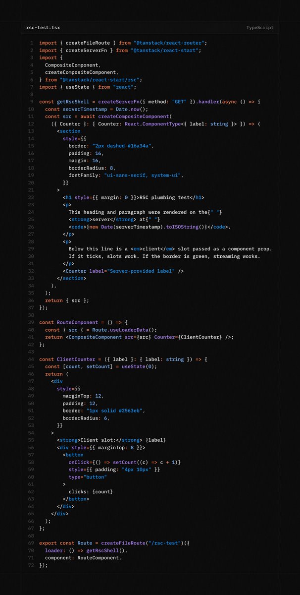 vijayabaskar56's tweet image. Testing the RSC of Tanstack Start, the Code seems little verbose at first glance , but the benefits it bring is definitely worth it, I would say, especially over the control and freedom it give you towards cacheing and Composing.