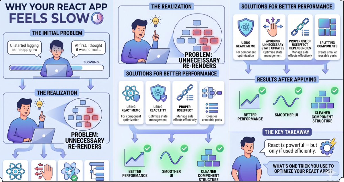 techbyrajit's tweet image. 🚨 Why your React app feels slow:
It’s not React. It’s unnecessary re-renders.
What helped me fix it 
• React.memo
• Avoid extra state updates
• Fix useEffect dependencies
• Split large components
React is powerful—if used right.

#reactjs #webdev #mernstack