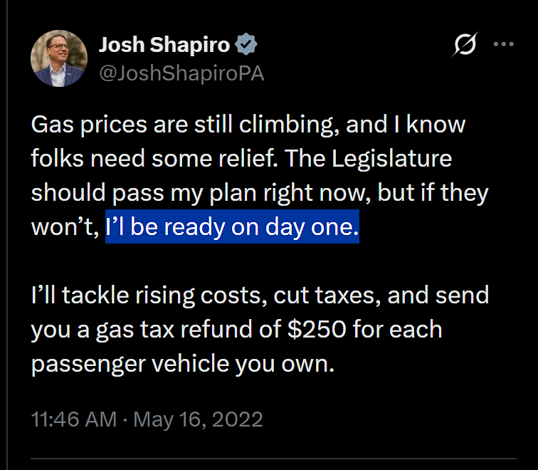 CheeseSpiff's tweet image. "I’ll send you a gas tax refund of $250 for each passenger vehicle you own."

- @JoshShapiroPA #Promises