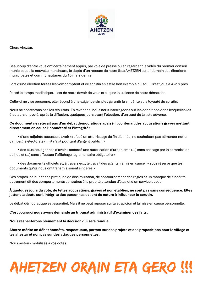 (EUS) Aheztar agurgarriak, arratsalde huntatik goiti zuen posta kutxetan atxemaiten ahalko duzuen gure errekurtsoari buruzko trakta; irakurketa on !

(FR) Cher.e.s aheztar, distribution en cours de notre tract au sujet du recours déposé; bonne lecture !

AHETZEN ORAIN ETA GERO!!!