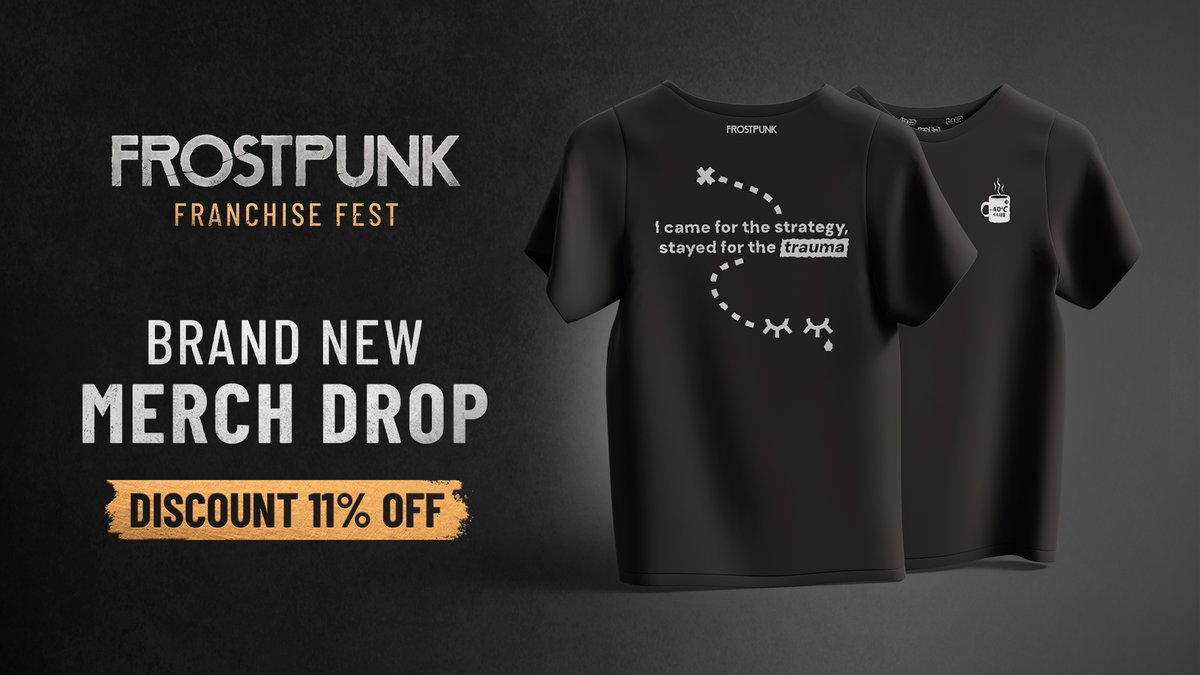 frostpunkgame's tweet image. The Eleven Million #Frostpunk T-Shirt is now available! 🧊🔥

Celebrating 11 million players across the franchise - you braved the frost, made the hard choices, and kept our City alive 🫡

Welcome to the -40°C club. The “questionable” decisions? Let’s keep those between us 😌