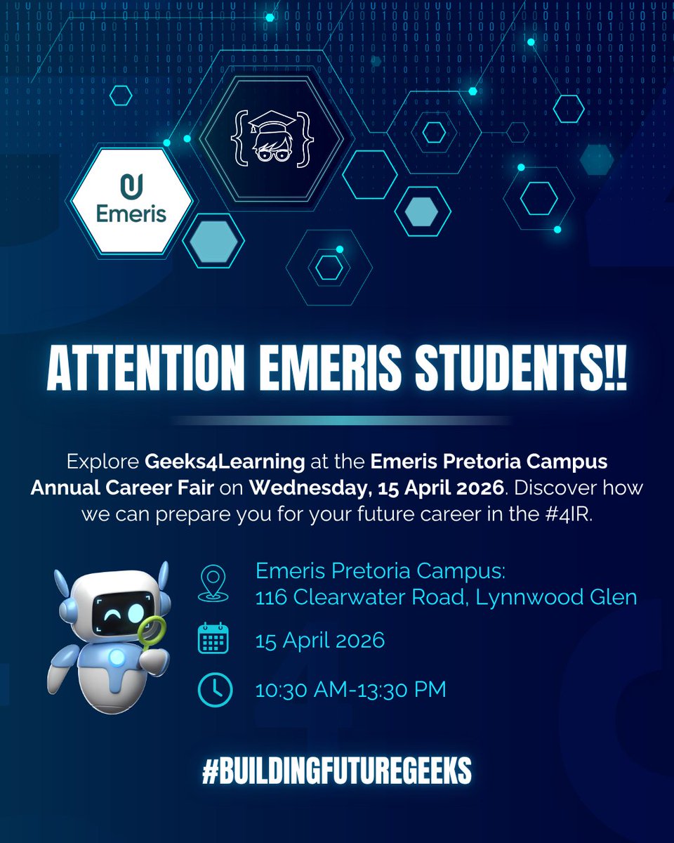 geeks4learning's tweet photo. Dear Emeris Students,
Join our team on Wednesday 15 April 2026 at the Emeris Pretoria Campus Annual Career Fair and explore the amazing opportunities at Geeks4Learning.
#BuildingFutureGeeks #Geeks4Learning #CareerFair #Emeris #YoungTalent #techtalent #gettoknowus #becomeageek https://t.co/XYSMD1Wbk6
