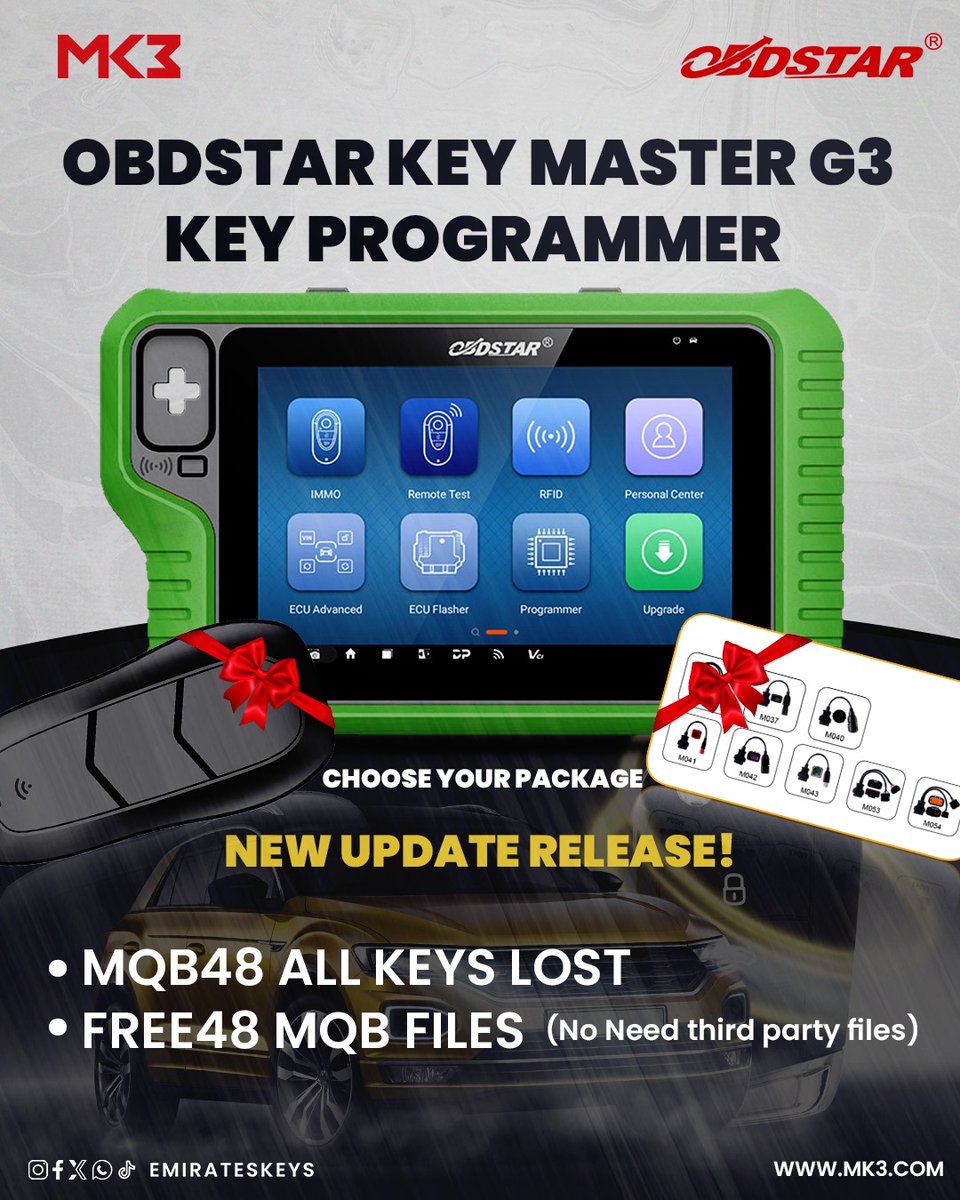 NDelhiEmirKeys's tweet image. 🚗✨ Take your key programming to the next level with the OBDSTAR X300 Classic G3 – fast, reliable, and trusted by professionals worldwide.

Handle IMMO, new keys, and all-keys-lost situations with ease—upgrade today with MK3!

📱+971525004707

#MK3 #OBDSTAR  #KeyProgrammingTool