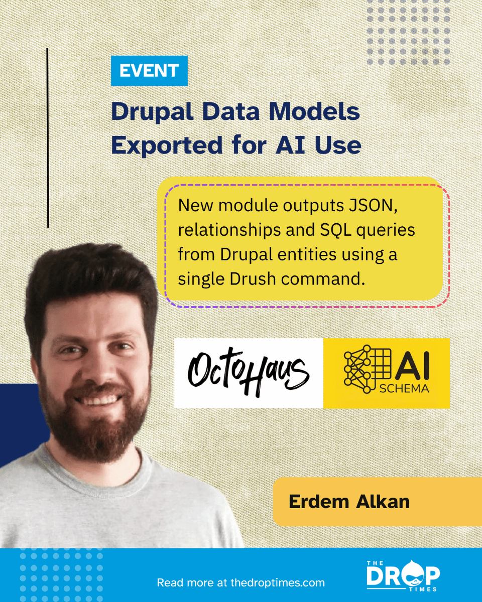 thedroptimes's tweet image. AI Schema 1.0.0-rc2 exports Drupal entity data into LLM-ready JSON.

Generates schemas, relationships, and SQL mappings via Drush.

bit.ly/425QVLv 

#Drupal #AI #LLM #OpenSource
