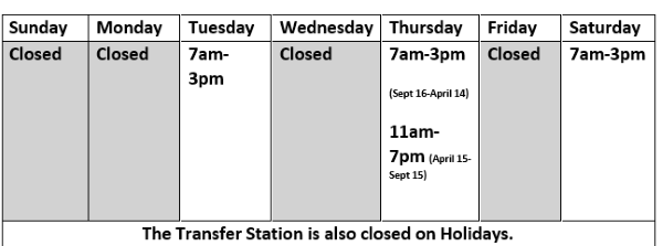 Transfer Station –Spring/Summer Hours

Just a reminder that the Transfer Station will begin its Thursday Spring/Summer hours on Thursday, April 16, 2026. The hours are listed below. Please contact DPW with any questions you may have at (860)693-7863.

Thank you!