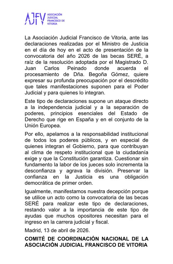 Dice Bolaños que el auto del juez Peinado que procesa a Begoña Gómez por 4 delitos ha avergonzado a la mayoría de jueces.

Sin embargo, la asociación mayoritaria de los jueces, la APM, y también la Francisco de Vitoria han dicho que lo que realmente les avergüenza es que el