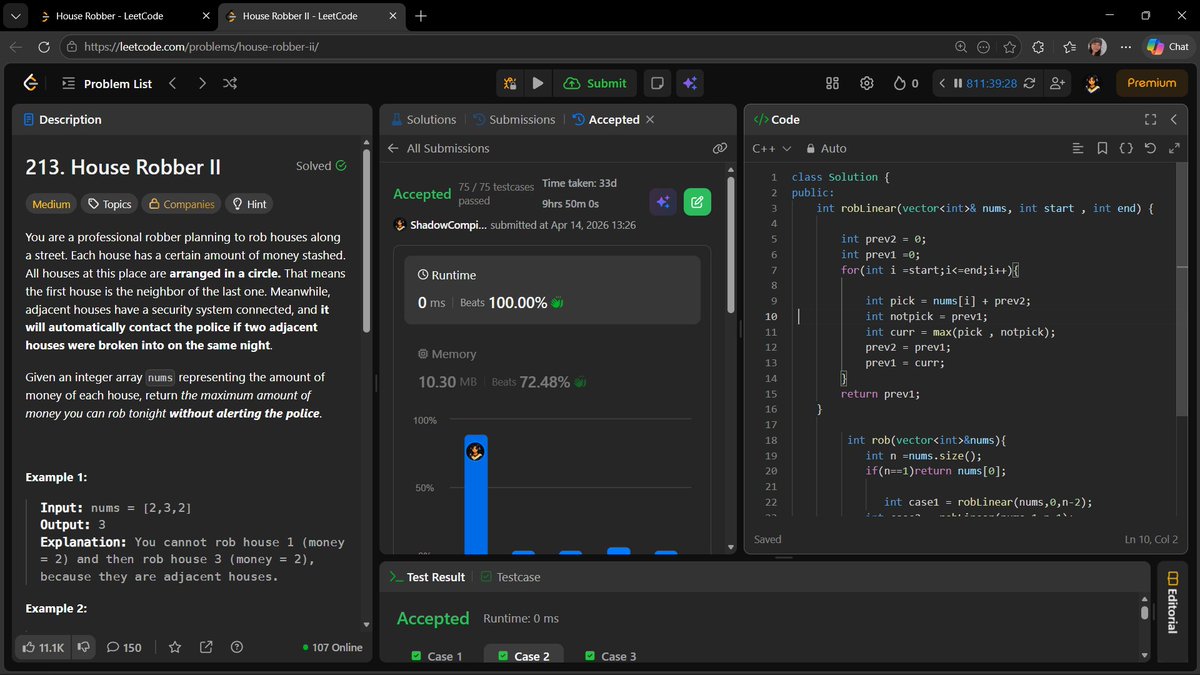 AnchalGupta009's tweet image. Day 170: House Robber II 🏠💰
Circular houses twist
Solve using two linear cases
Pick max of both scenarios ⚡
#LeetCode #DP #CPP #DSA