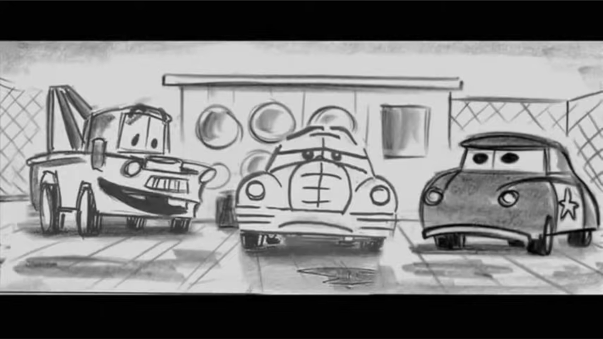 Kerchoo95's tweet image. In the #Cars (2006) deleted scene, "Community Service," there is one frame where #DocHudson is seemingly accidentally replaced by the ultimately deleted Mayor of #RadiatorSprings, a 1940s Packard. In every other shot of the scene, Doc resembles a Hudson Hornet.
